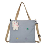 Women's Canvas Shoulder Bag Large Capacity Tote with Cartoon Pendant
