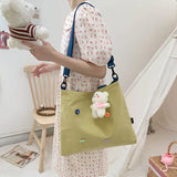Women's Canvas Shoulder Bag Large Capacity Tote with Cartoon Pendant