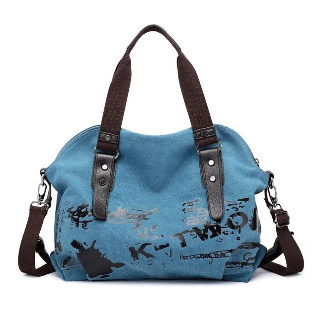 Vintage Graffiti Print Canvas Shoulder Bag