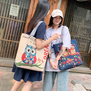 Women's Owl Embroidery Canvas Handbag Casual Tote Large Capacity Shopping Bag