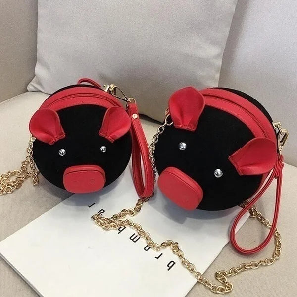 Women's Pig Small Round Crossbody Shoulder Bag with Chain Strap