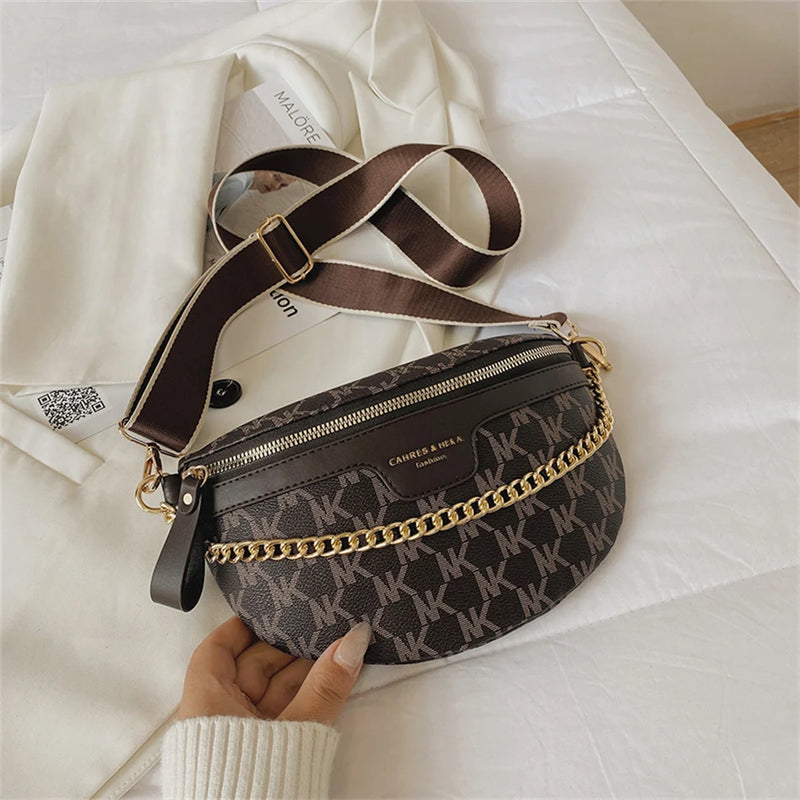 Women's Chain Fanny Pack PU Leather Waist Bag Shoulder Crossbody Chest Bags
