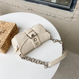 Vintage PU Leather Underarm Bag with Chain Strap