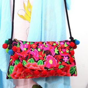 Ethnic Embroidery Clutch Bag with Pom Pom Shoulder Bags for Women