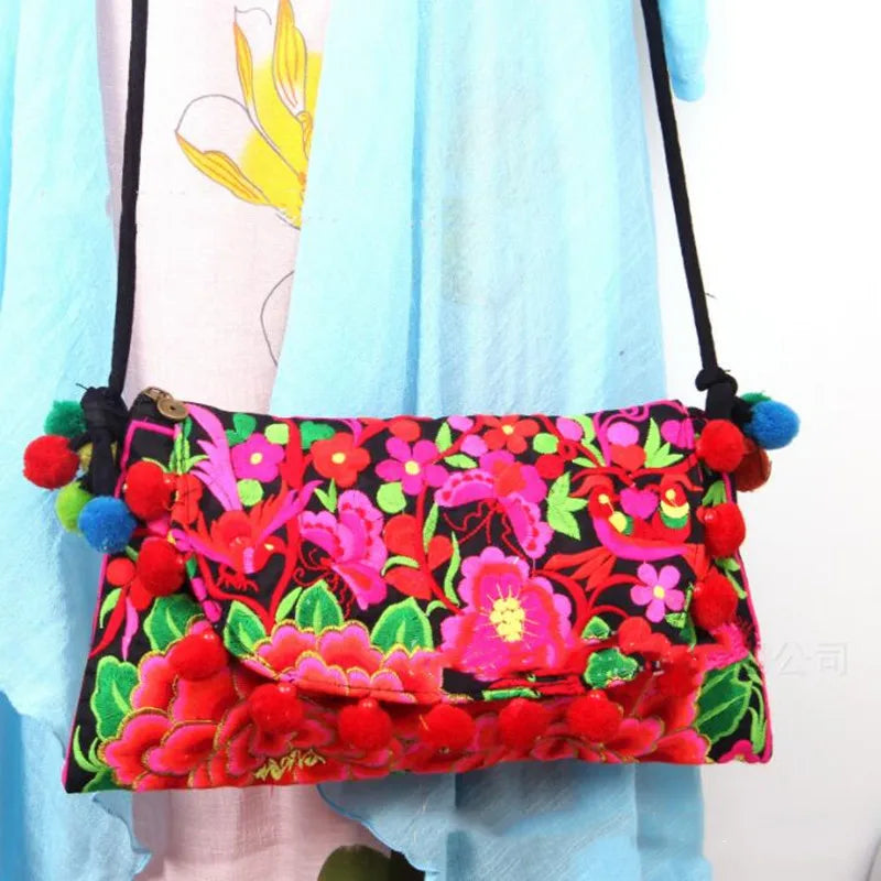 Ethnic Embroidery Clutch Bag with Pom Pom Shoulder Bags for Women
