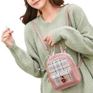 Women's Plaid Pattern PU Backpack Mini Rucksack Faux Leather Shoulder Bag
