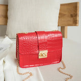 Crocodile Grain Small Square Bag Lock Chain Shoulder Crossbody Bag
