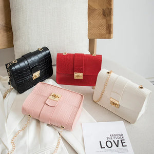 Crocodile Grain Small Square Bag Lock Chain Shoulder Crossbody Bag