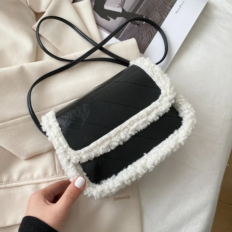 Women's Lambhair Crossbody Bag PU Leather Shoulder Saddle HandBag