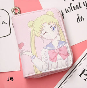 Women's Sailor-Moon Leather Short Zip Wallet Coin Card Holder