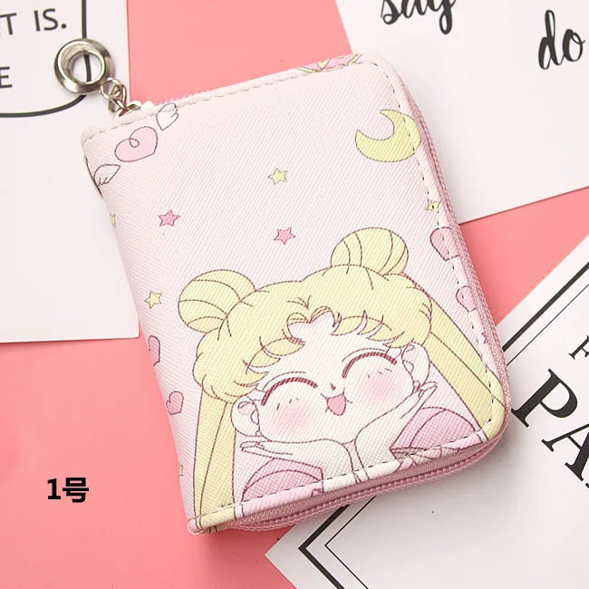 Women's Sailor-Moon Leather Short Zip Wallet Coin Card Holder