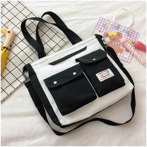 Women's Canvas Double Pocket Shoulder Bag Zipper Tote Messenger Student Bag