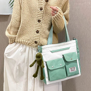 Women's Canvas Double Pocket Shoulder Bag Zipper Tote Messenger Student Bag