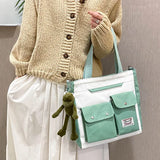 Women's Canvas Double Pocket Shoulder Bag Zipper Tote Messenger Student Bag