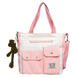 Women's Canvas Double Pocket Shoulder Bag Zipper Tote Messenger Student Bag