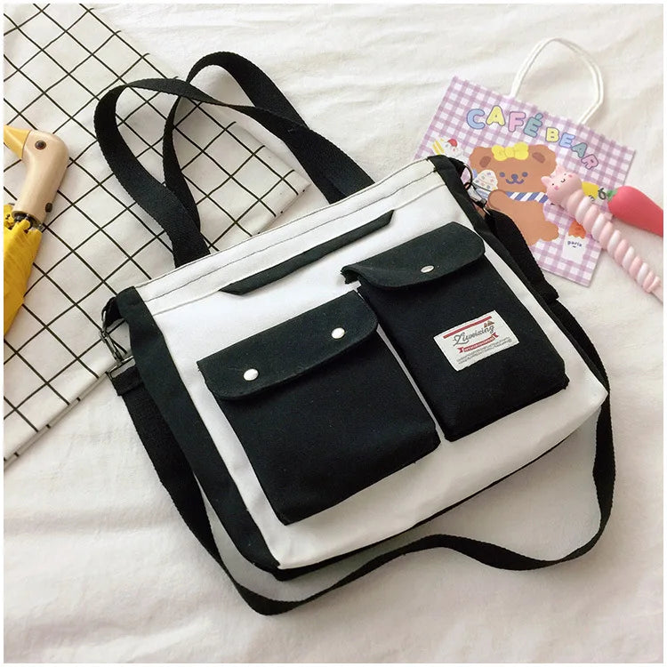Women's Canvas Double Pocket Shoulder Bag Zipper Tote Messenger Student Bag