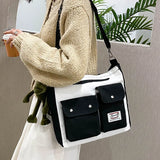 Women's Canvas Double Pocket Shoulder Bag Zipper Tote Messenger Student Bag