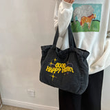 Women's Shoulder Canvas Bag Letter Embroidery Denim Large Capacity