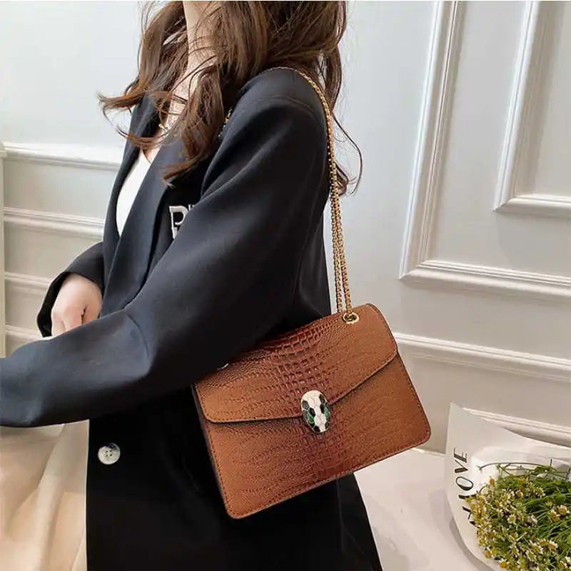 Crocodile Pattern Underarm Bag with Chain Shoulder Strap