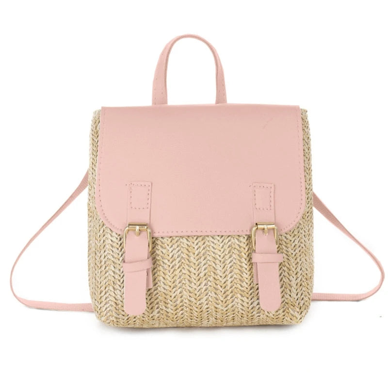 Women's Small Straw Backpack Vintage Casual Daypack Girls Shoulder Bag