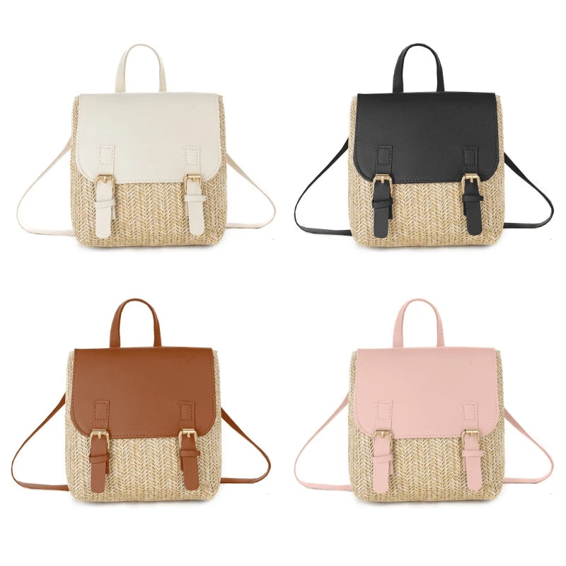 Women's Small Straw Backpack Vintage Casual Daypack Girls Shoulder Bag