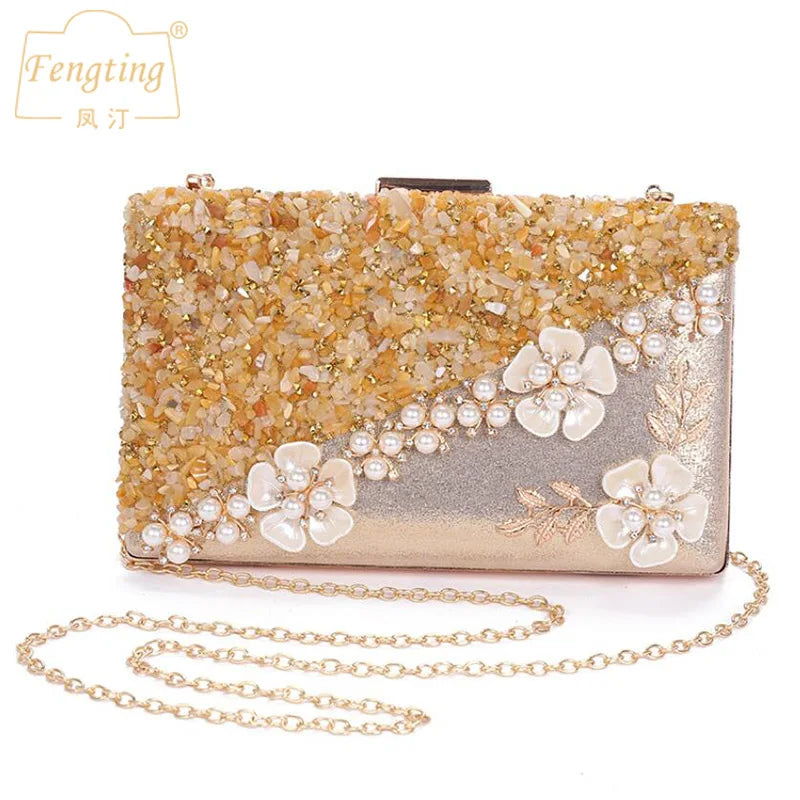 Flower Wedding Clutches Evening Bag Party Purse with Rhinestone Chain