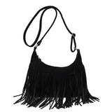 Women's Fringed Leather Shoulder Bag with Adjustable Knitting Strap