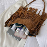 Women's Fringed Leather Shoulder Bag with Adjustable Knitting Strap