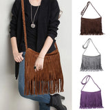 Fringed Leather Shoulder Bag with Knitting Strap