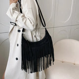 Women's Fringed Leather Shoulder Bag with Adjustable Knitting Strap