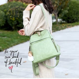 Women's Green Backpack High Wild Soft Pu Leather Leisure Travel Large Capacity B