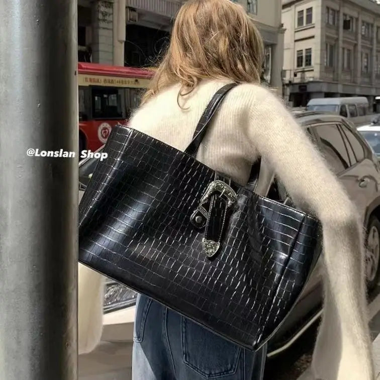 Crocodile Pattern Leather Shoulder Bag Large Capacity Business Crossbody Tote