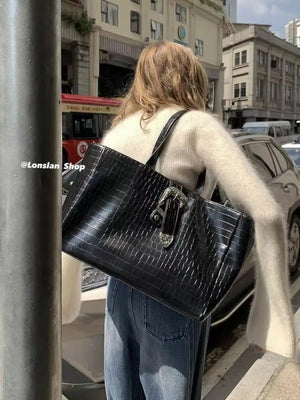 Crocodile Pattern Leather Shoulder Bag Large Capacity Business Crossbody Tote