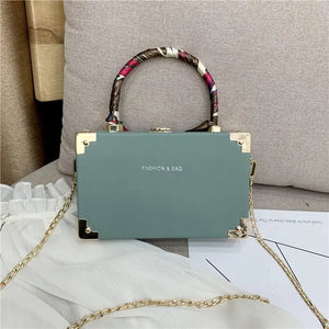 Women's Small Square Bag with Chain and Silk Scarf