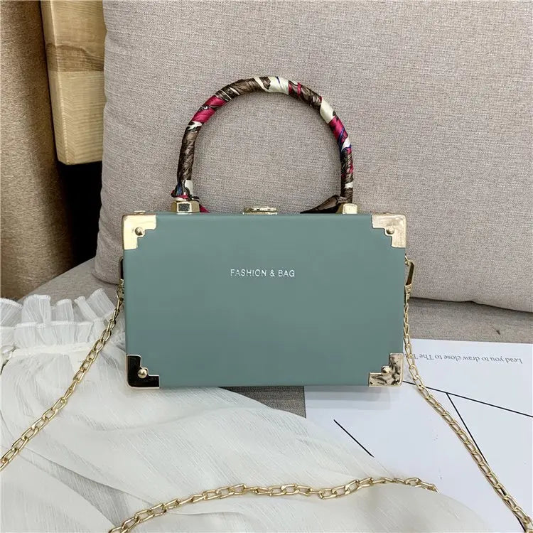 Women's Small Square Bag with Chain and Silk Scarf