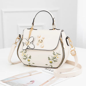 Embroidered Flower Top Handle Bag Crossbody Totes