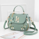 Embroidered Flower Top Handle Bag Crossbody Totes