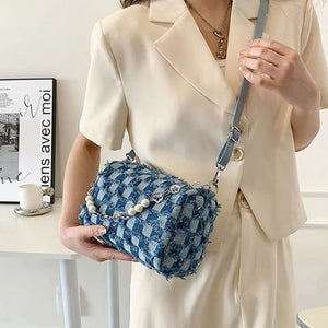 Denim Plaid Beading Shoulder Bags for Women Crossbody Bag Female