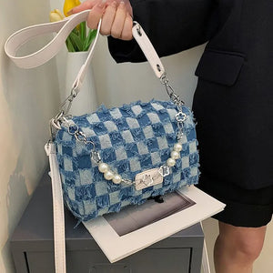 Denim Plaid Beading Shoulder Bags for Women Crossbody Bag Female