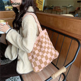 Women's Checkerboard Shoulder Bag Retro Plaid Casual Tote Handbag Large Capacity