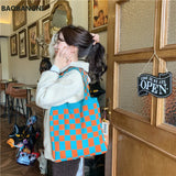 Women's Checkerboard Shoulder Bag Retro Plaid Casual Tote Handbag Large Capacity