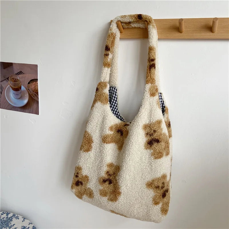 Women's Lamb Fabric Shoulder Bag Large Capacity Embroidery Shopper Bags