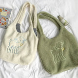Women's Embroidered Lamb Fabric Shoulder Bag Large Capacity Tote