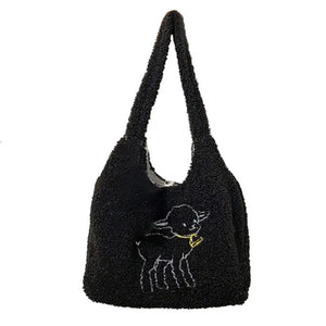 Women's Embroidered Lamb Fabric Shoulder Bag Large Capacity Tote