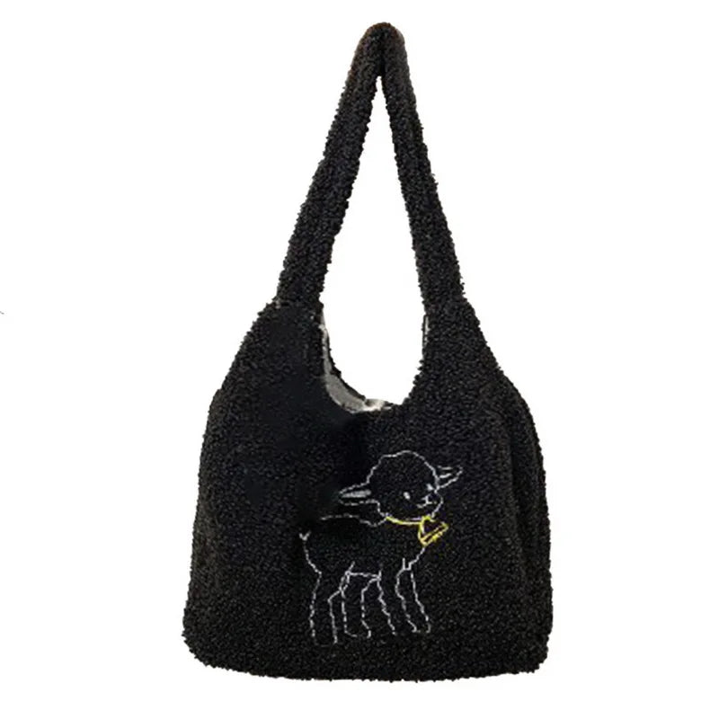 Women's Embroidered Lamb Fabric Shoulder Bag Large Capacity Tote
