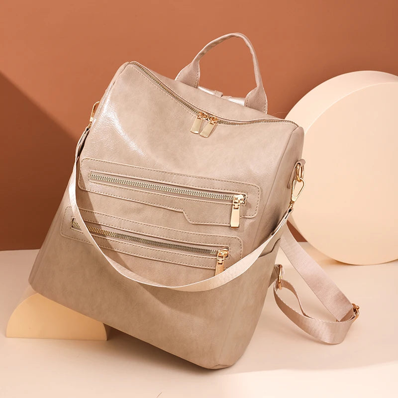 Women's Large Capacity Leather Backpack Retro Travel School Bag