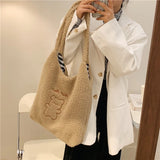 Large Capacity Plush Winter Shoulder Bag Lamb Wool Handbag Soft Bear Tote