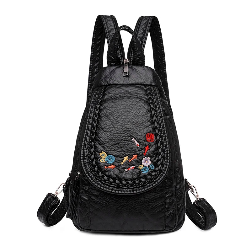 Women's Leather Backpack Embroidered Shoulder Bag Female PU Backpacks