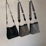 Women's Leather Shoulder Bag Inlaid Diamond Wide Strap Crossbody Tote Bag