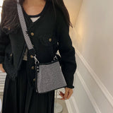 Women's Leather Shoulder Bag Inlaid Diamond Wide Strap Crossbody Tote Bag